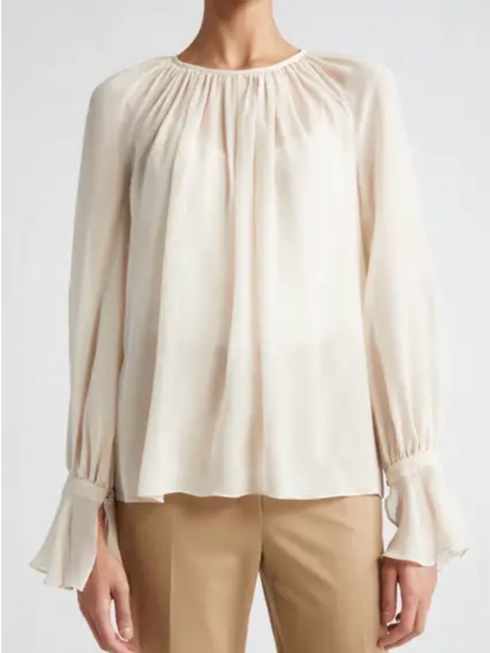 MaxMara Cream Gathered-Neck Long-Sleeve Blouse